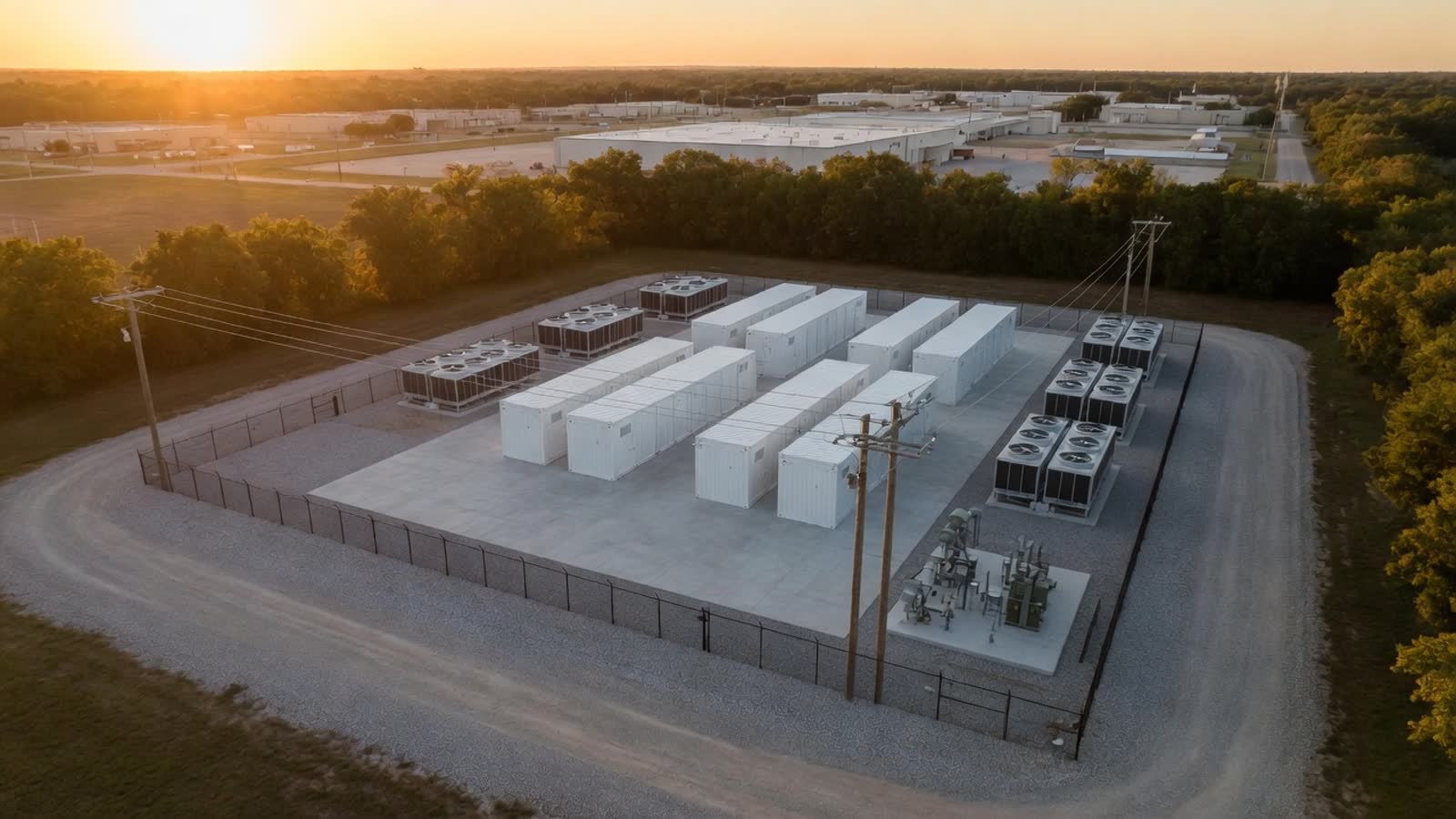Aerial visualization of a planned Ananta site showing four compute modules, external chillers, the perimeter security fence, and the utility pole line serving the access road.